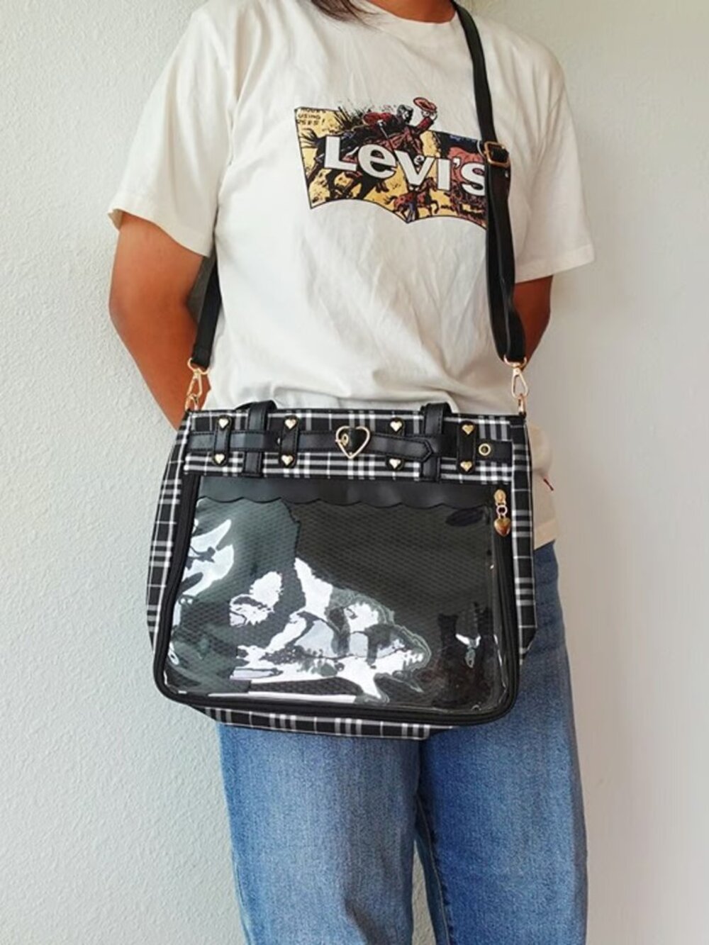 BLACK Y2K Plaid Ita Bag Crossbody Tote Shoulder Bag Kawaii Pin Display Itabag - Picture 2 of 11